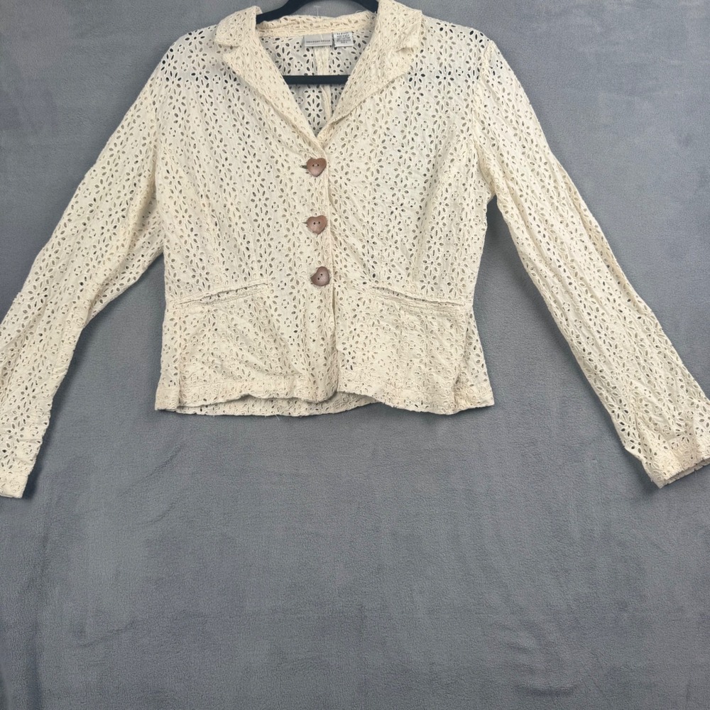 Newport News Cream Eyelet Cotton Blazer Jacket Heart Buttons Size 8 F0436
